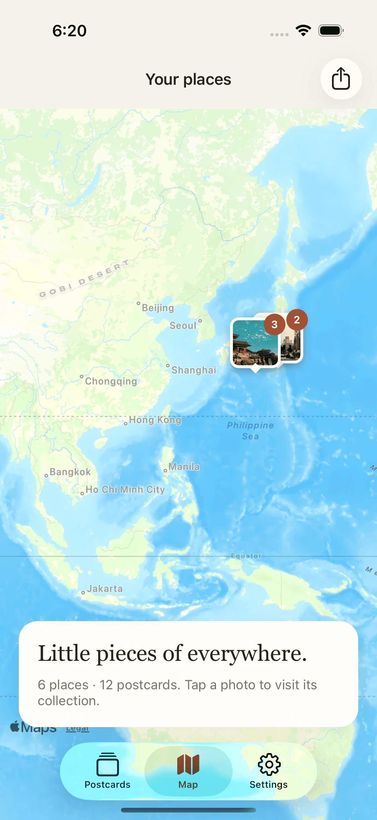 Hello From map with postcard photo pins in Japan and a collection summary