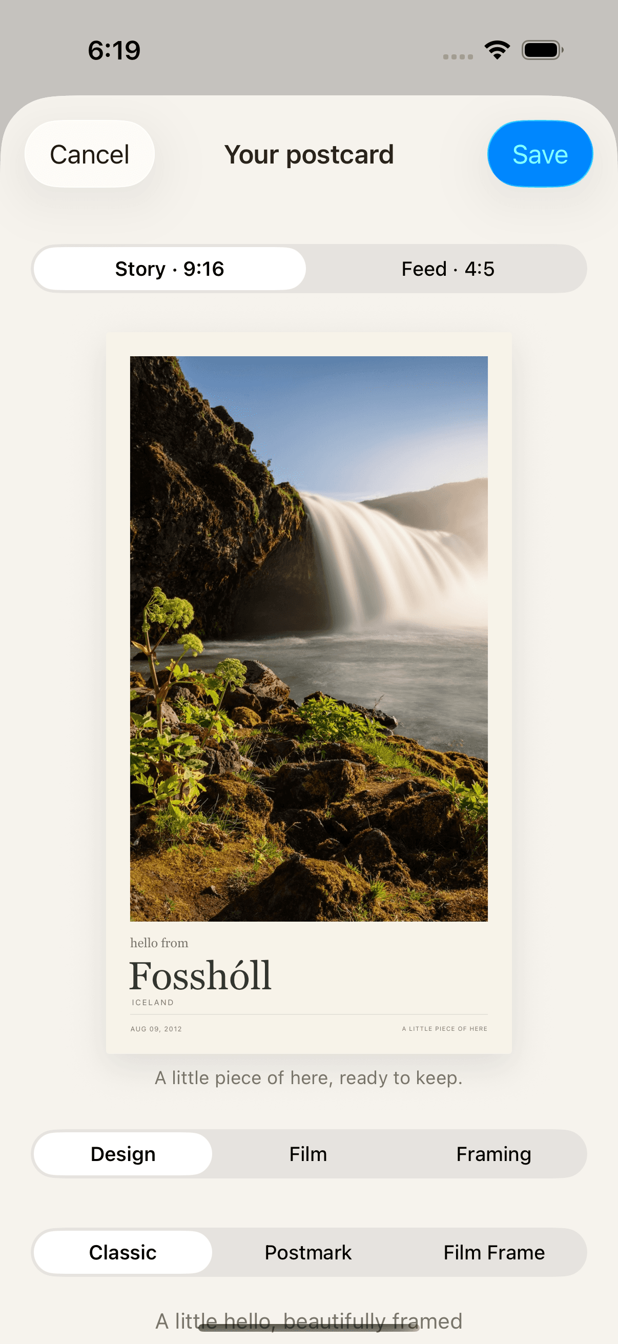 Hello From postcard editor with a waterfall photo and Classic design